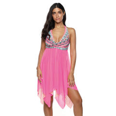 V-neck 4XL Mesh Beach Dresses Women Plus Size Floral Printed Swimdress PQ2020D