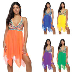 Women Plus Size Beach Dresses V-neck 4XL Mesh Floral Print Swimdress PQ2020F