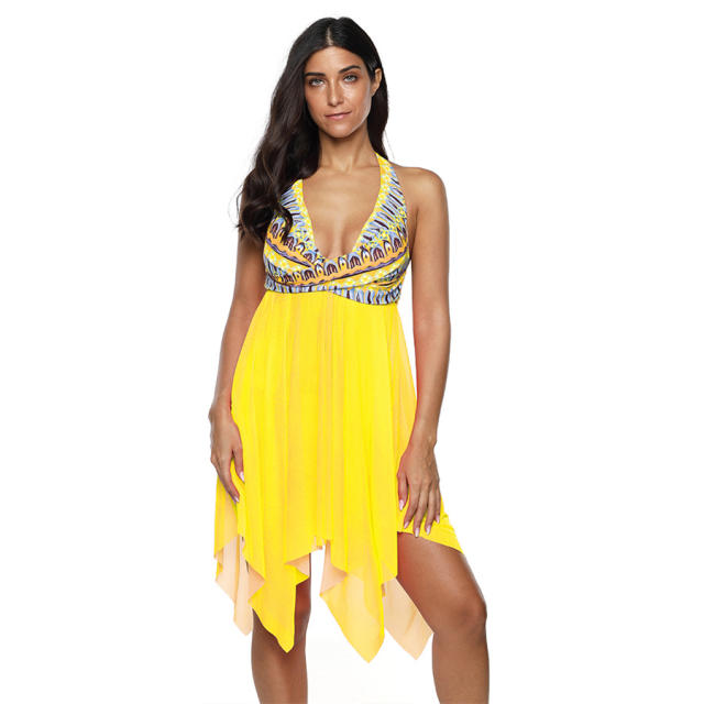 Women Plus Size Beach Dresses V-neck 4XL Mesh Floral Print Swimdress PQ2020F