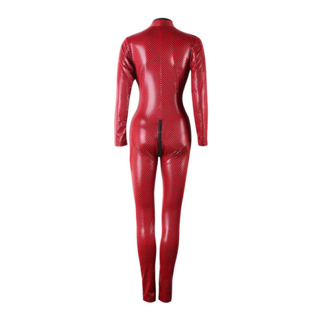 Sexy Cube Print Catsuit for Women Night Club Wear Faux Leather Jumpsuit PQ7155