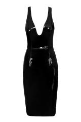 Deep V-neck PU Midi Dresses for Women Faux Leather Night Club Wear PQ7311A