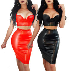 Faux Leather Bra and Skirts for Women Wet Look PU Club Wear PQ7308A