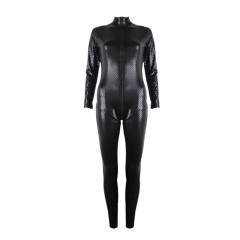 Sexy Cube Print Catsuit for Women Night Club Wear Faux Leather Jumpsuit PQ7155