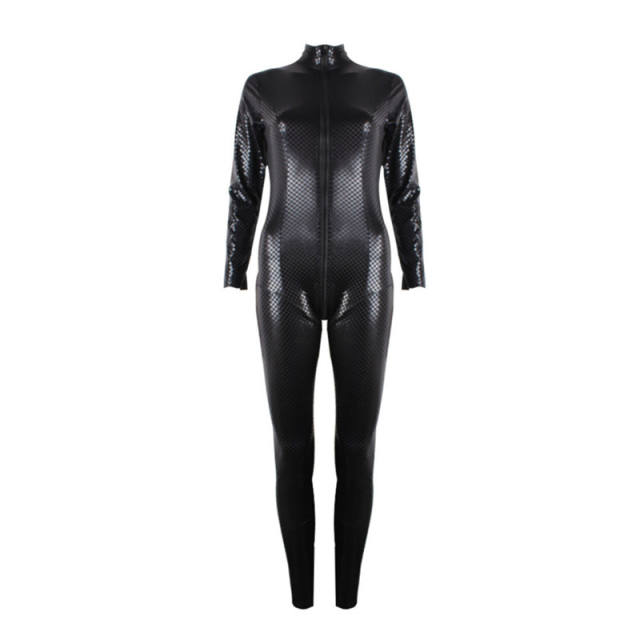 Sexy Cube Print Catsuit for Women Night Club Wear Faux Leather Jumpsuit PQ7155