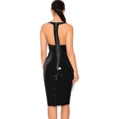 Faux Leather Night Club Wear Deep V-neck PU Midi Dresses for Women PQ7311B