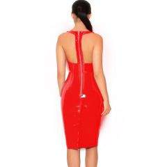 Deep V-neck PU Midi Dresses for Women Faux Leather Night Club Wear PQ7311A