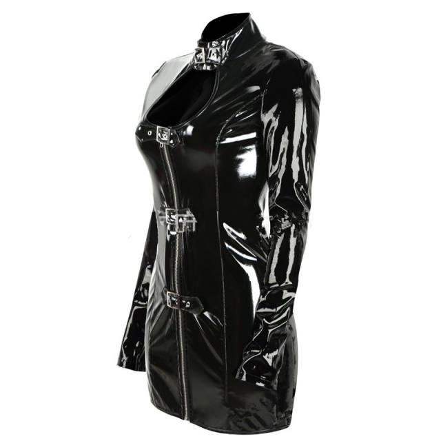 Open Bust Wetlook PVC Sexy Dress for Women Faux Leather Nigh Clubwear PQYS36