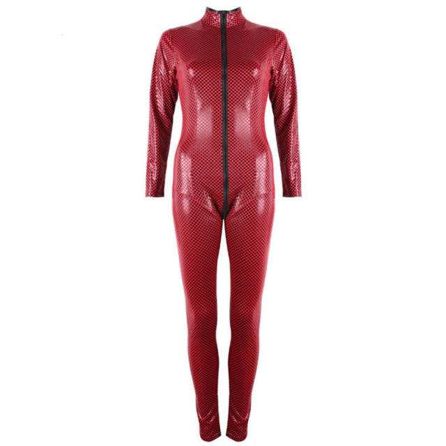 Sexy Cube Print Catsuit for Women Night Club Wear Faux Leather Jumpsuit PQ7155