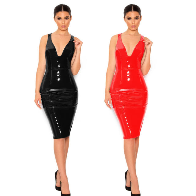 Deep V-neck PU Midi Dresses for Women Faux Leather Night Club Wear PQ7311A