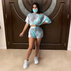 Ladies Tie-dye Round Neck Casual Tracksuit Fashion Home Sports Shorts PQ4119A