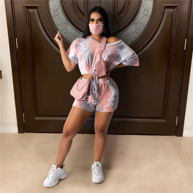 Ladies Tie-dye Round Neck Casual Tracksuit Fashion Home Sports Shorts PQ4119A