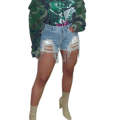 Street Retro Blue Denim Shorts Ripped Fringed Jeans for Women PQ5316