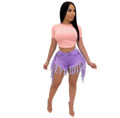 High Waist Distressed Jeans Vintage Denim Shorts with Frayed Fringe PQ5322A