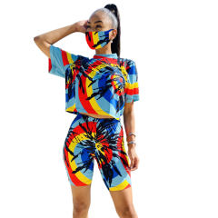 Ladies Tie-dye Loose Tops Casual Fashion Home Shorts with Mask PQ6094A