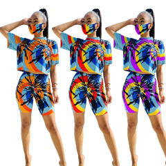 Ladies Tie-dye Loose Tops Casual Fashion Home Shorts with Mask PQ6094A