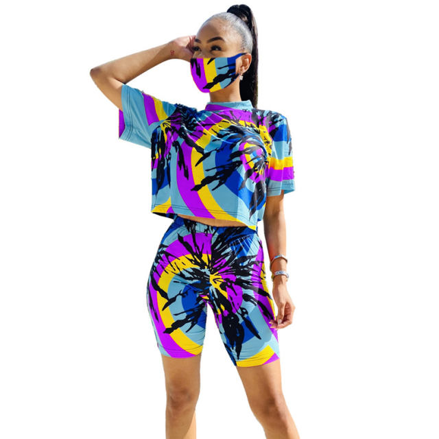 Ladies Tie-dye Loose Tops Casual Fashion Home Shorts with Mask PQ6094A