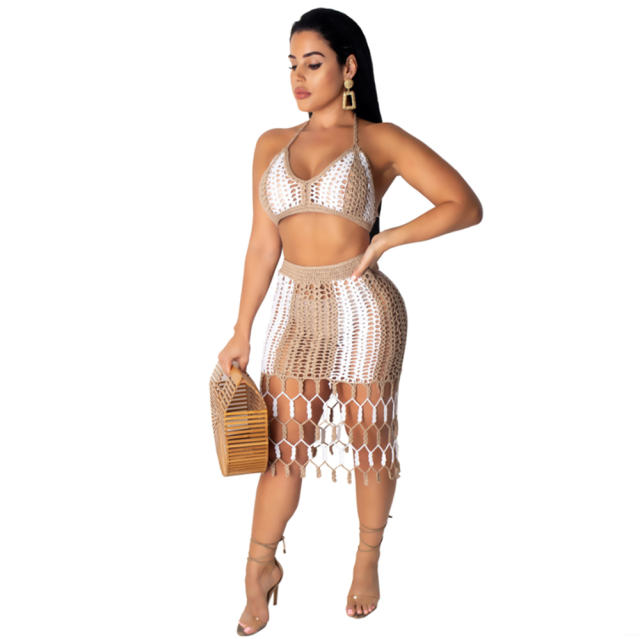 Fashionable Street Wear Hand-woven Beach Skirt Two-piece Bikini Suits PQ4072A