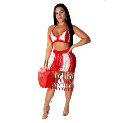 Fashionable Street Wear Hand-woven Beach Skirt Two-piece Bikini Suits PQ4072A