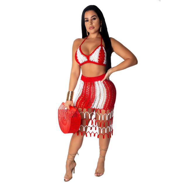 Fashionable Street Wear Hand-woven Beach Skirt Two-piece Bikini Suits PQ4072A