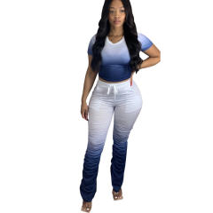 Women Gradient Color Two Piece Sets Pleated Slit Micro Flared Pants PQ3302A