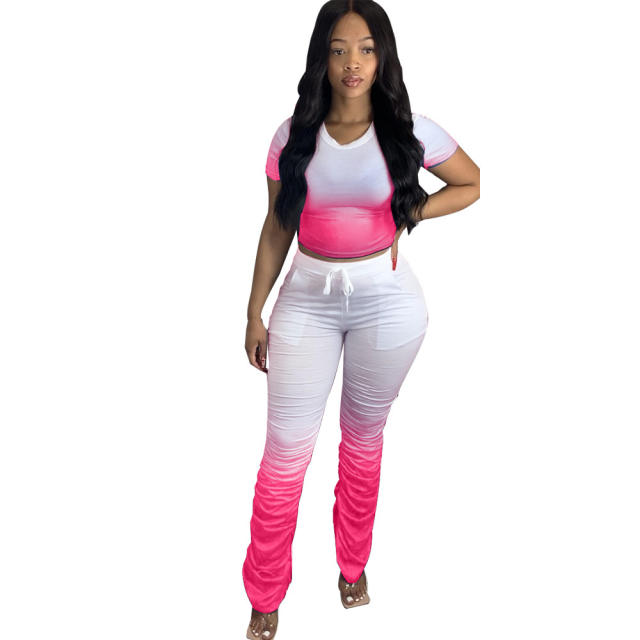 Women Gradient Color Two Piece Sets Pleated Slit Micro Flared Pants PQ3302A