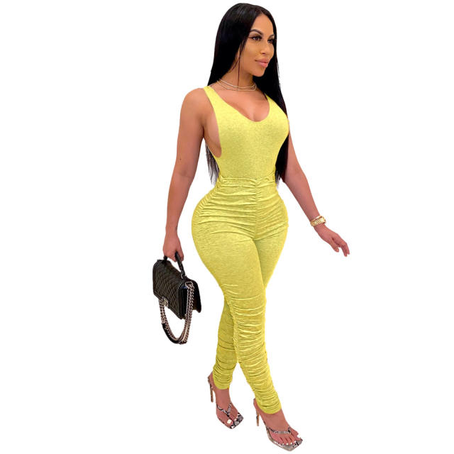 Tight Backless V-neck Tracksuit Pleated Jogging Suit For Women PQ3303A