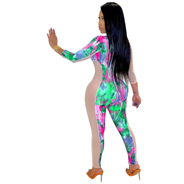 Three-quarter Sleeve Sexy Jumpsuit Mesh Colorful Print Fashion Clothing PQ6099B