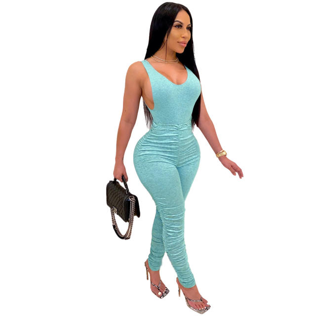 Tight Backless V-neck Tracksuit Pleated Jogging Suit For Women PQ3303A