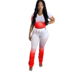Women Gradient Color Two Piece Sets Pleated Slit Micro Flared Pants PQ3302A
