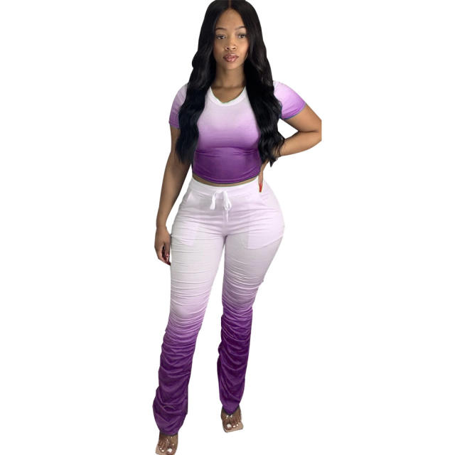 Women Gradient Color Two Piece Sets Pleated Slit Micro Flared Pants PQ3302A