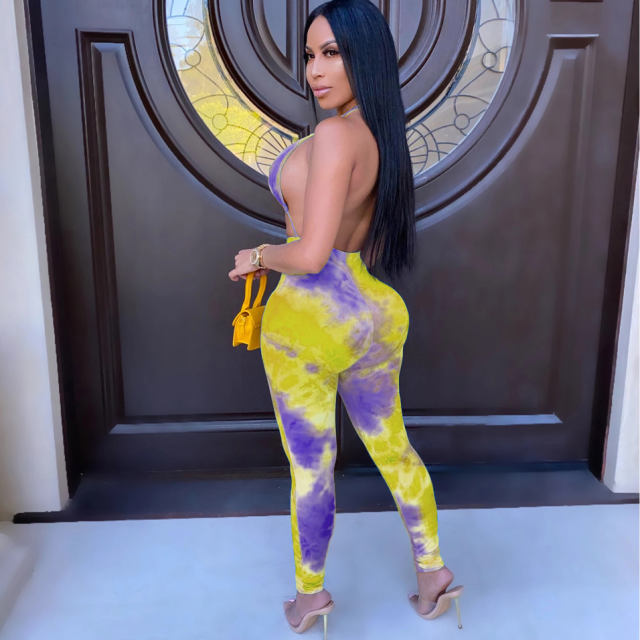 Ladies Tie-dye Printing High Waist Jumpsuit with Bikini Tops PQ3305A