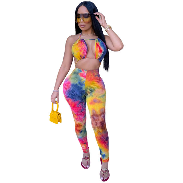 Ladies Tie-dye Printing High Waist Jumpsuit with Bikini Tops PQ3305A