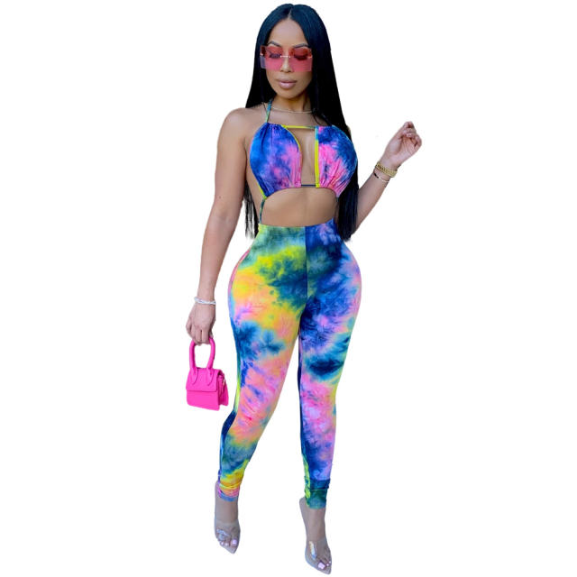 Ladies Tie-dye Printing High Waist Jumpsuit with Bikini Tops PQ3305A