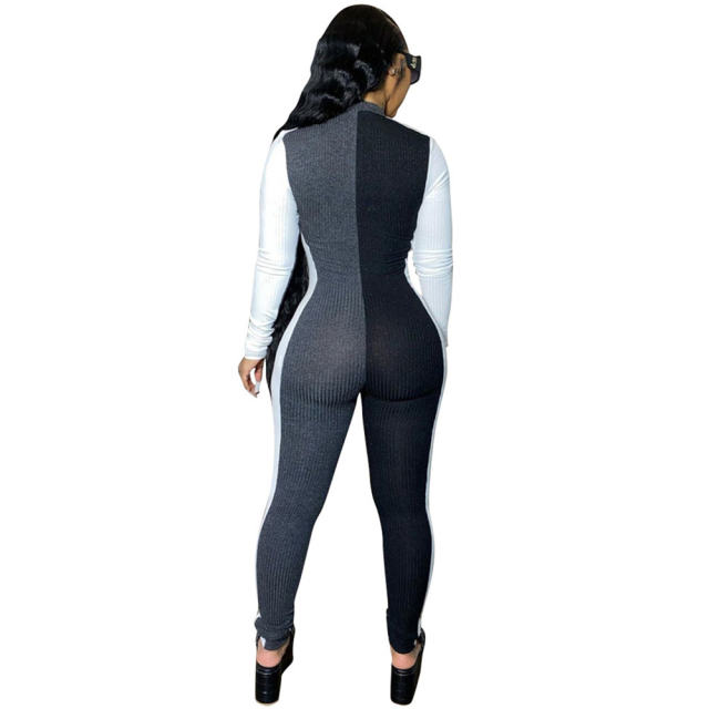 Black Color Slim Tracksuit Women Mesh Patchwork Pit Strip Fitting Jumpsuit PQ4314A