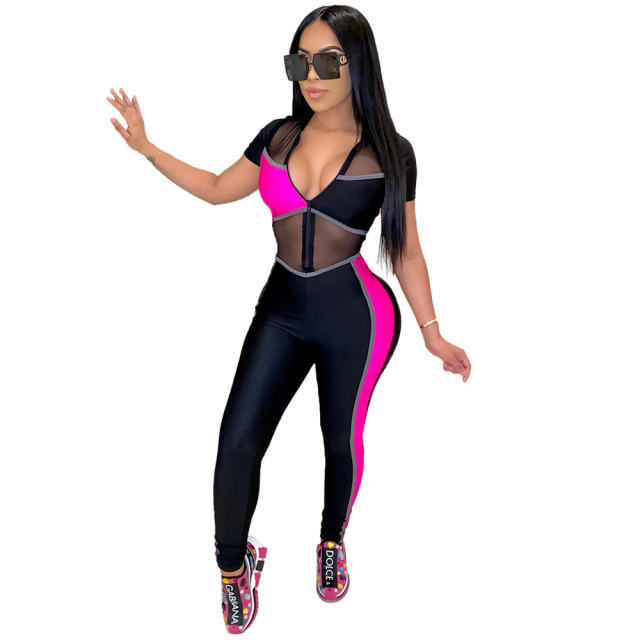 Orange Color Colorblock Mesh Tracksuit Sexy Slim Fit Jumpsuit PQ4213A