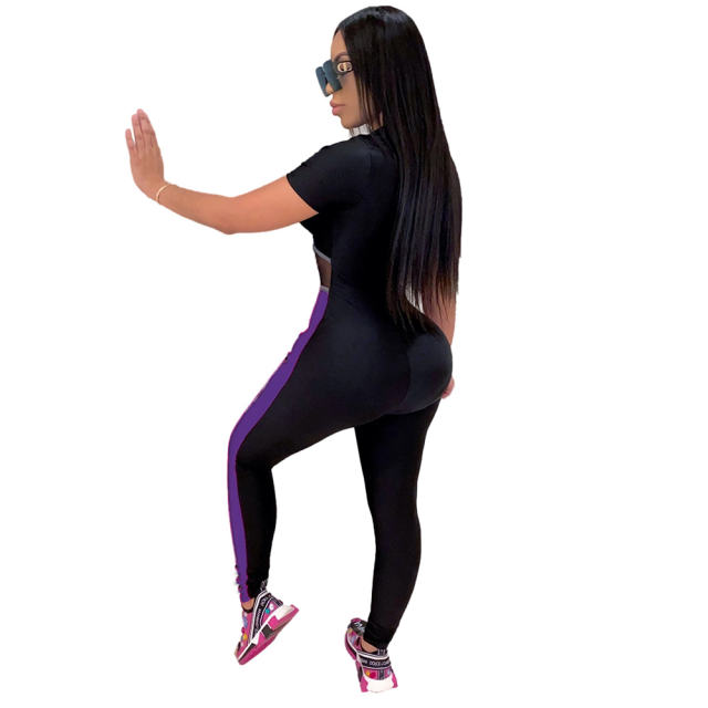 Orange Color Colorblock Mesh Tracksuit Sexy Slim Fit Jumpsuit PQ4213A