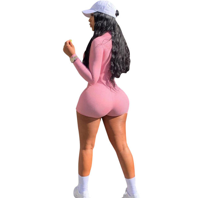 Pink Color Embroidered Letter Print Streetwear Stretch Ribbed Slim Bodysuit PQ5015C