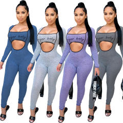 Grey Color Women's Fashion Sexy Streetwear Jogging Sports Jumpsuit PQ5014B