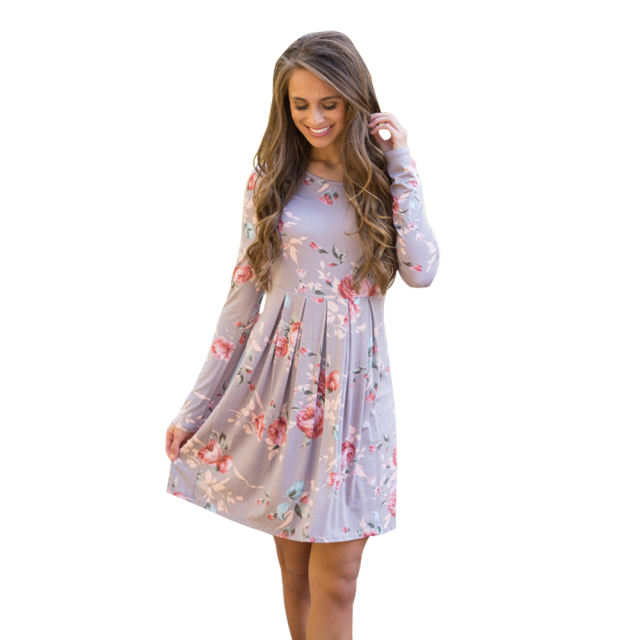 Grey Floral Printed Dress for Women Autumn Casual Dresses PQOM1088C