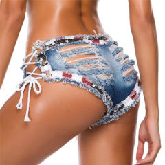 Lace-up Denim Shorts Sexy Women Jeans Hot Pants Low Waist Ripped Club Wear PQ857