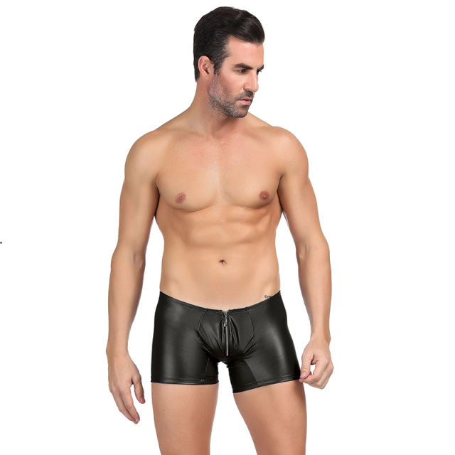 Blue Color Faux Leather Slim Boxer Briefs Men's Sexy Shorts PQMP069B