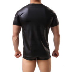 Men‘s Leather Underwear Short Sleeve T-shirt Undershirt Lingerie Top PQMP075