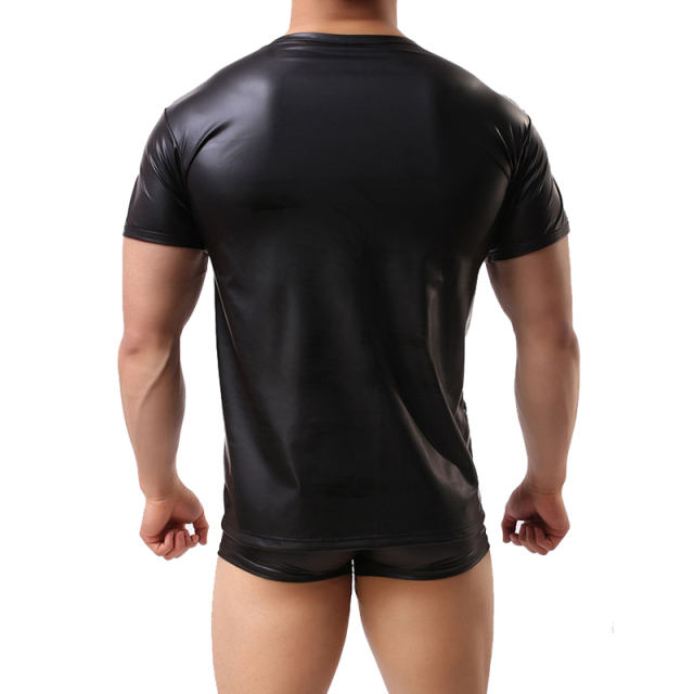 Men‘s Leather Underwear Short Sleeve T-shirt Undershirt Lingerie Top PQMP075