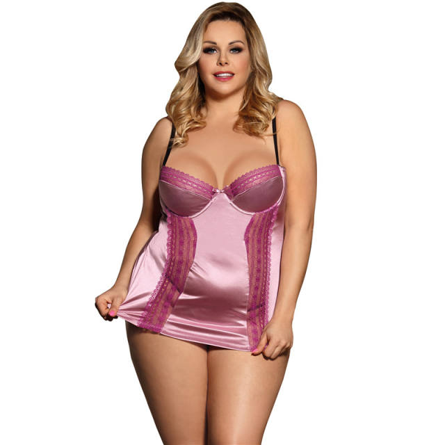 Purplish Red Deluxe Sleepwear Satin Lace Stitching Babydoll Lingerie PQ80394