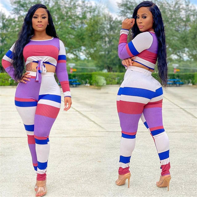 Women Long Sleeve Two Piece Pants Striped Print Tracksuit PQAJ4316