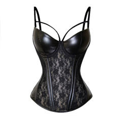 Sexy Mesh Corset Lingerie PU Leather Bustiers See-through Lace Sexy Costume PQ70086