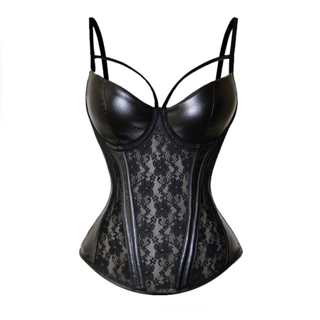 Sexy Mesh Corset Lingerie PU Leather Bustiers See-through Lace Sexy Costume PQ70086