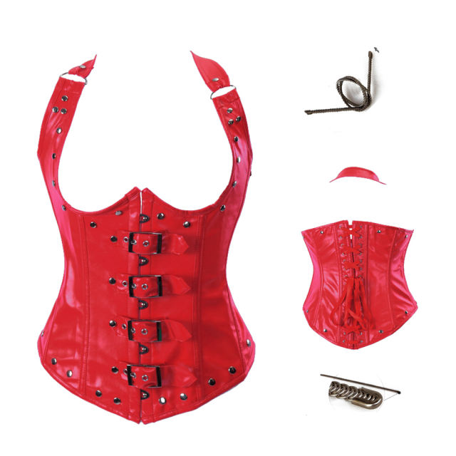 Halter Faux Leather Steampunk Corset PU Rivet Gothic Court Corselet PQ2824A