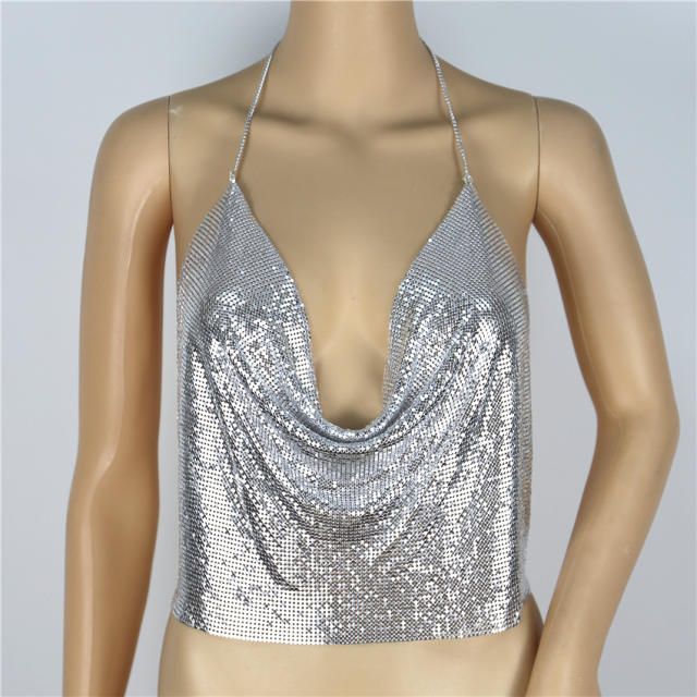 Golden Sexy Tube Top Metallic Sequin Camisole Necklace Halter Tops PQ60391A