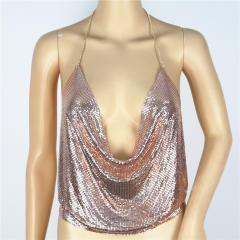 Golden Sexy Tube Top Metallic Sequin Camisole Necklace Halter Tops PQ60391A